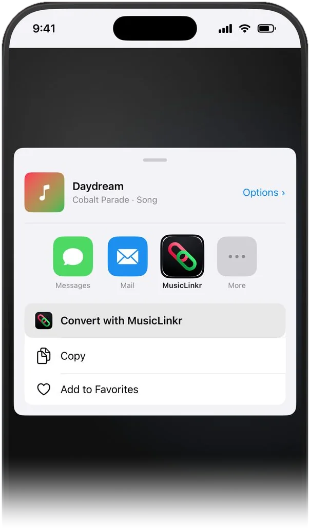 The iOS share sheet open over a song, with Convert with MusicLinkr highlighted