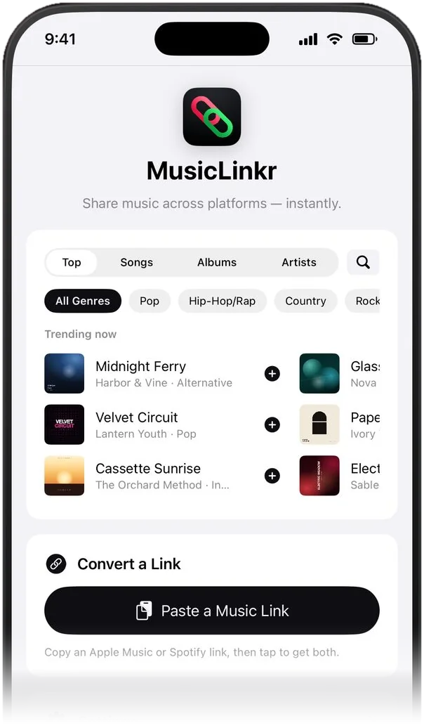 The MusicLinkr home screen with search tabs, genre filters, and a trending now list